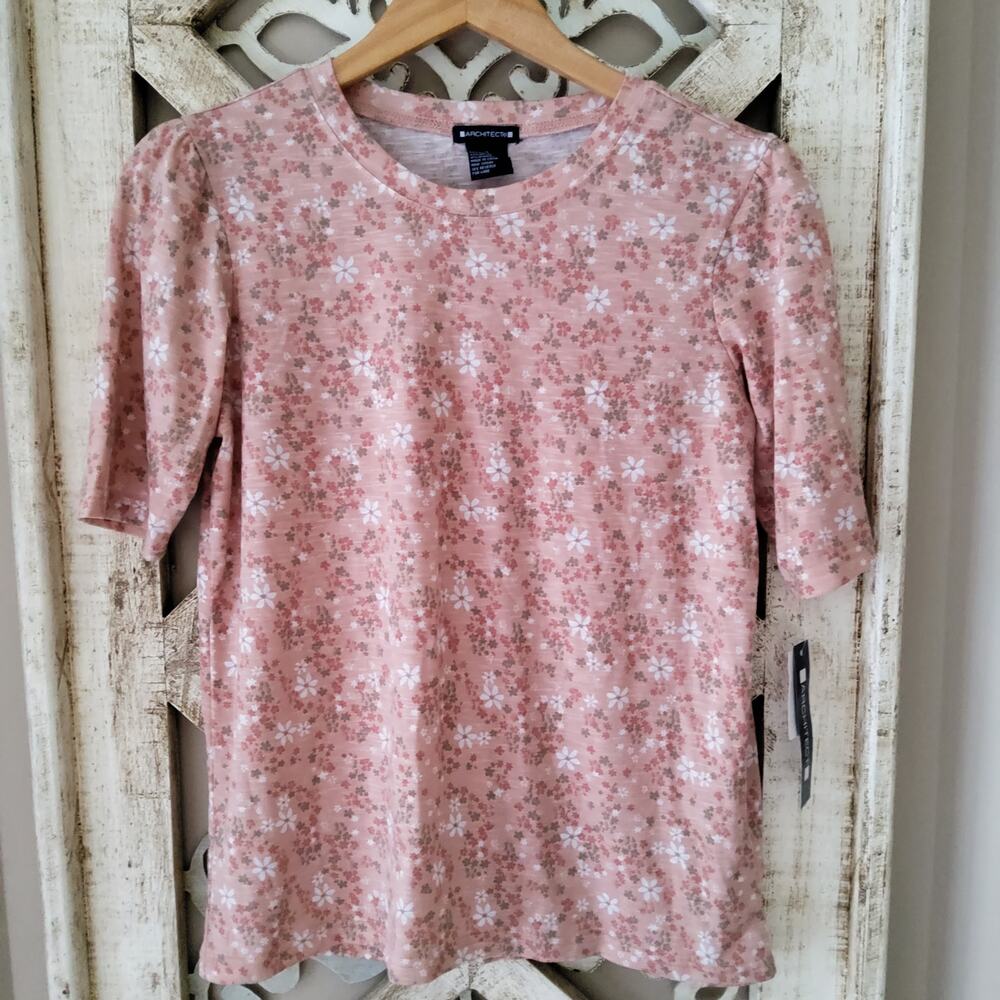 Architect Peach Coral Floral Puff Sleeve Tee Small Cottagecore Top